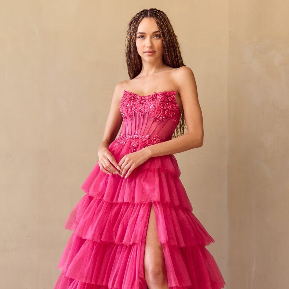 New Strapless Ruffled Special Occasion Dress W/ Sheer Embroidered Bodice Ac 9053